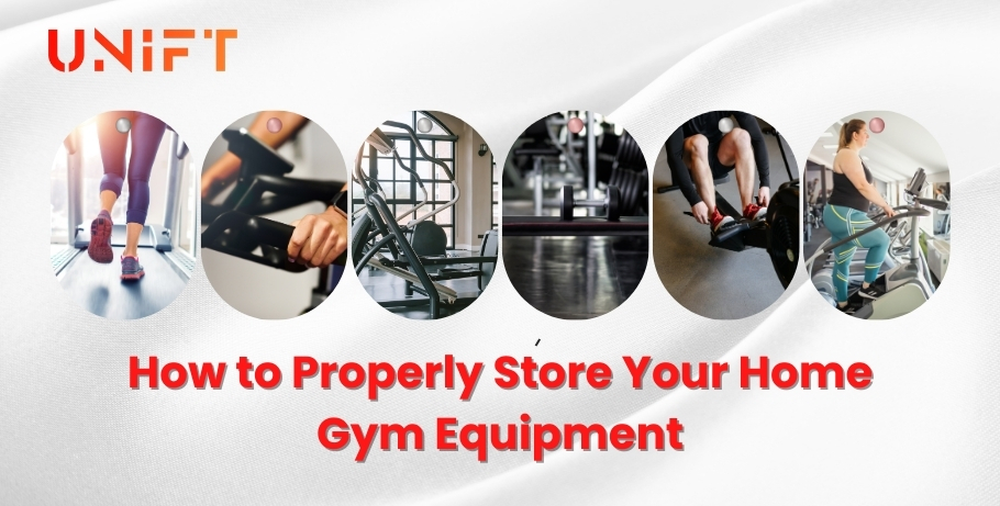 Properly stored home gym equipment on racks and wall mounts